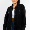 Full Size Button Up Distressed Denim Jacket - Black