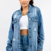 Full Size Button Up Distressed Denim Jacket - Blue