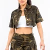 Full Size Camouflage Short Sleeve Cropped Jacket - Olive Camo