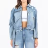 Full Size Distressed Frayed Edge Zip Up Denim Jacket Plus Size - Light Blue