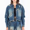 Full Size Distressed Frayed Edge Zip Up Denim Jacket Plus Size - Medium