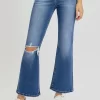 Full Size Distressed High Rise Crop Flare Jeans - Dark