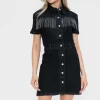 Full Size Embellished Button Down Short Sleeve Denim Dress - Black