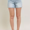 Full Size Frayed Hem High Rise Denim Shorts With Pockets Plus Size - Light