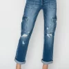 Full Size High Rise Cargo Ankle Roll Up Straight Jeans - Dark