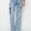 Full Size High Rise Cargo Flare Jeans - Acid Medium