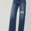 Full Size High Rise Distressed Wide Leg Jeans - Dark