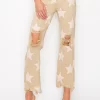 Full Size High Rise Star Printed Frayed Hem Jeans - Khaki