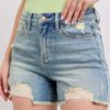Full Size High Rise Washed Fly Stitch Detail And Destroy Denim Shorts Plus Size