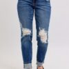 Full Size Mid Rise Boyfriend Destroy Jeans With Yoke Pockets And Faux Selvedge Cuff Plus Size