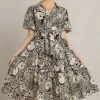 Full Size Mixed Print A-Line Tiered Midi Dress Plus Size - Black