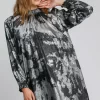 Full Size Mock Neck Flounce Sleeve Metallic Dress Plus Size - Black