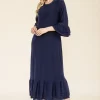 Full Size Modest Midi Dress with 3/4 Ruffle Bell Sleeves Plus Size - Navy