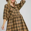 Full Size Plaid Button Front Collared Neck Mini Shirt Dress Plus Size - Mustard