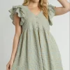 Full Size Plaid V-Neck Ruffle Cap Sleeve Dress Plus Size - Sage