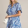 Full Size Printed Notched Puff Sleeve Mini Dress Plus Size - Royal Blue