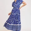 Full Size Printed Notched Short Sleeve Tiered Dress Plus Size - Royal Blue