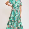 Full Size Printed Notched Short Sleeve Tiered Dress Plus Size - Teal