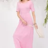 Full Size Round Neck Short Sleeve Maxi Dress with Pockets Plus Size - Pink