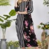 Full Size Stripe Floral Contrast Midi-Dress with Buttons Plus Size - Black Floral/Stripe