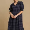 Full Size Swiss Dot Jacquard Tiered Midi Dress Plus Size - Dark Navy