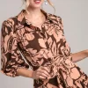 Full Size Two Tone Floral Print Puff Sleeve Tie Waist Dress Plus Size - Brown