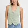 Full Size V Neck Button Down Vest Plus Size - Pistachio