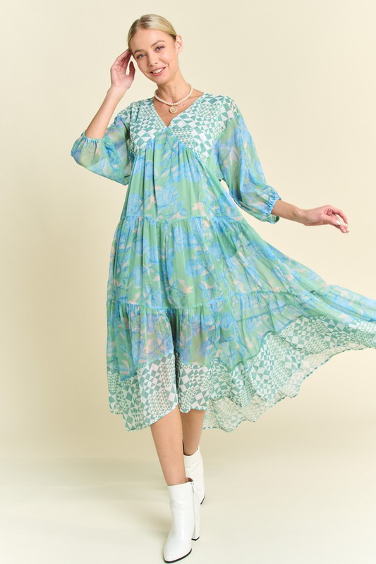 Geo-and-Floral-Print-Mixed-Tiered-Dress-Mint-Green Geo and Floral Print Mixed Tiered Dress - Mint Green