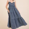 Geometric Embroidered Smocked Tie Shoulder Midi Dress - Dark Blue