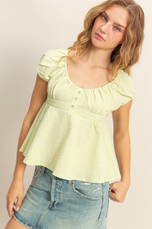 Gingham-Scoop-Neck-Cap-Sleeve-Blouse-Lime-Green Gingham Scoop Neck Cap Sleeve Blouse - Lime Green