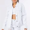 Graphic Distressed Long Sleeve Denim Jacket - White