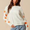Halloween Pumpkin Applique Embroidered Sweater Top - Ivory