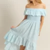 High-Low Eyelet Ruffled Off-Shoulder Dress -  Pastel  Blue