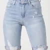 High Rise Distressed Denim Bermuda Shorts - Light
