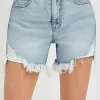High Rise Side Step Hem Denim Shorts - Light