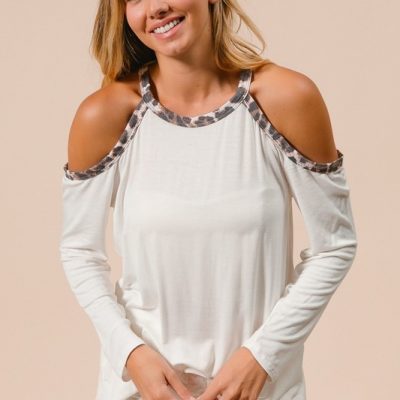 Jersey Knit Cold Shoulder Top with Leopard Neck - Ivory
