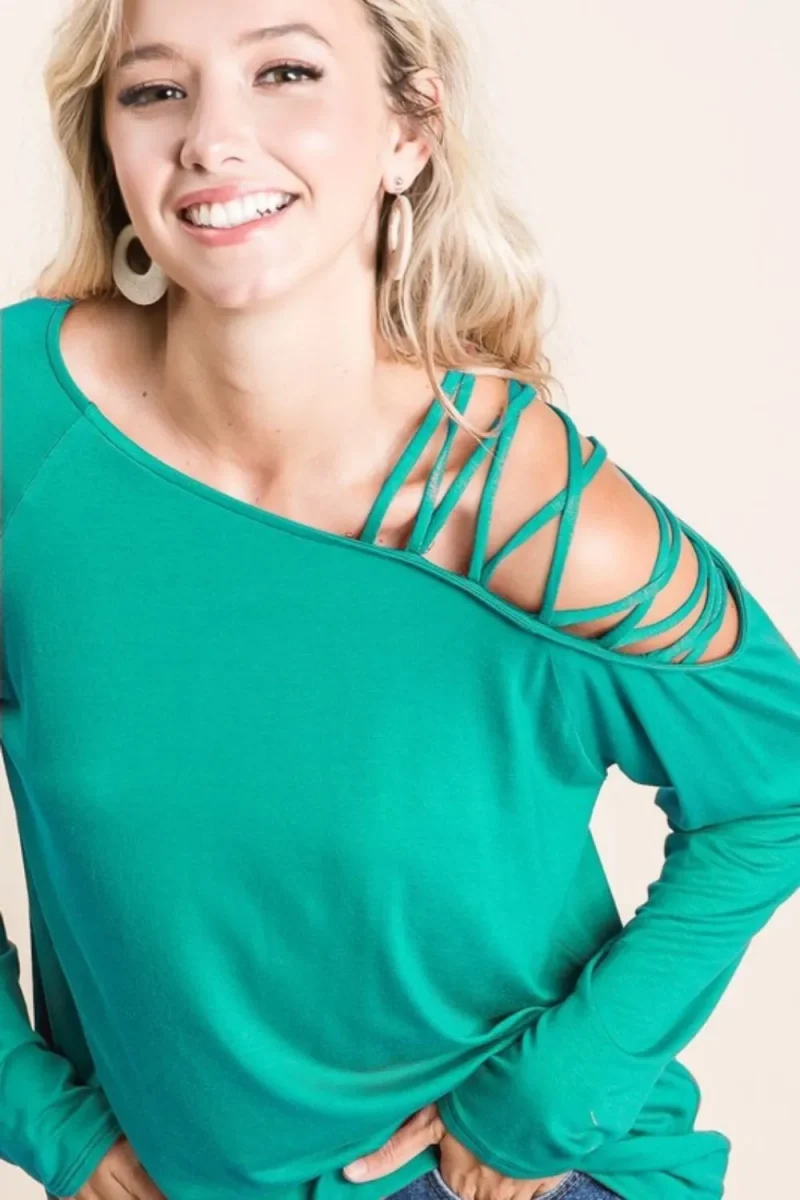 Jersey Knit One Shoulder Top with Criss Cross - Teal Green