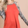 Jersey Knit Top with Camouflage Laser Cut Sleeves - Rust
