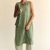 Knit Side Slit Round Neck Sleeveless Dress & Bag - Sage
