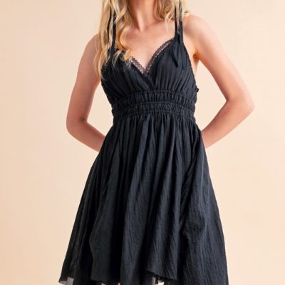 Lace Detail Mini Cami Dress - Black