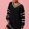 Loose V Neck Sweater Dress with Striped Sleeves - Black