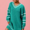Loose V Neck Sweater Dress with Striped Sleeves - Jade