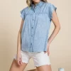 Mineral Wash Flutter Sleeve Button Down Shirt - Lt Denim