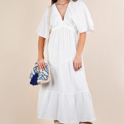 Mineral Washed Elastic Neck Detail Midi Dress - White