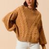 Mineral Washed Loose Fit Textured Cable Sweater - Vintage Camel