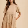 Mineral Washed Round Neck Short Sleeve Denim Dress - Tan