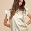 Mix Media Metallic Knit Ruffle Sleeve Top - Ice Gold