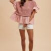 Mix Media Ruffle Textured Knit Top - Rose