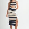 Multi Color Striped Front Cutout Knit Midi Dress - Navy Multi