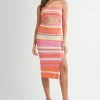 Multi Color Striped Front Cutout Knit Midi Dress - Pink Multicolor